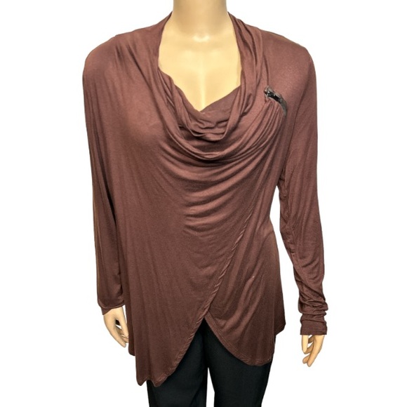 Patrizia Luca Blouse Asymmetrical Draped Cowl Neck Brown Zip detail size XL - Picture 16 of 17